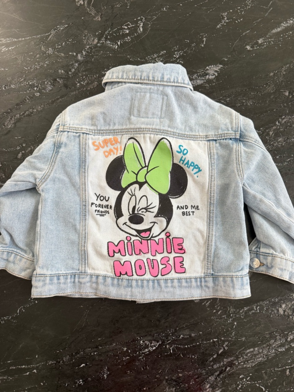 Zara Light Wash Denim Jacket with Pink & Green Minnie Graphic